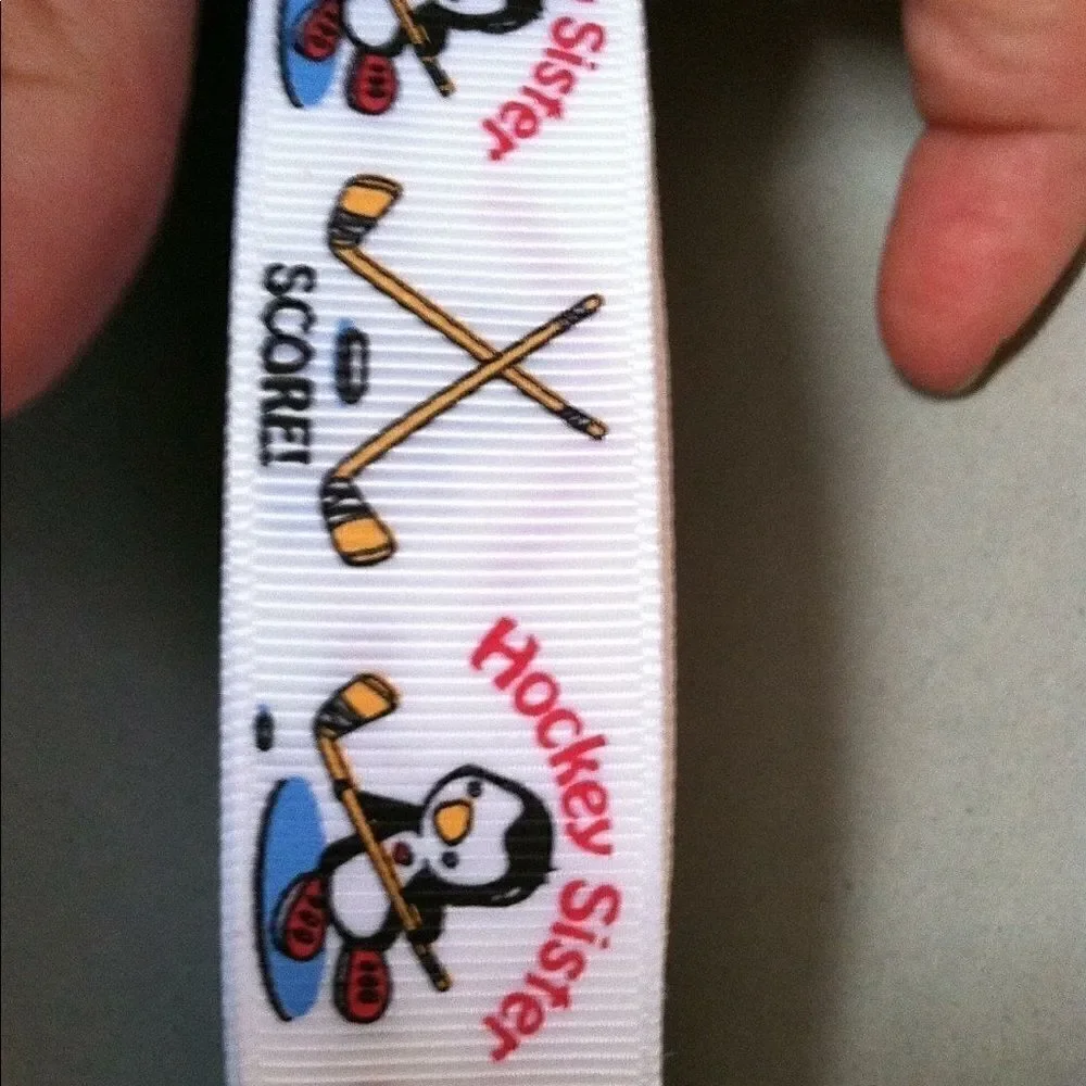grosgrain printed Ribbon 7/8” 5 yards hockey sister sticks puck penguin NEW